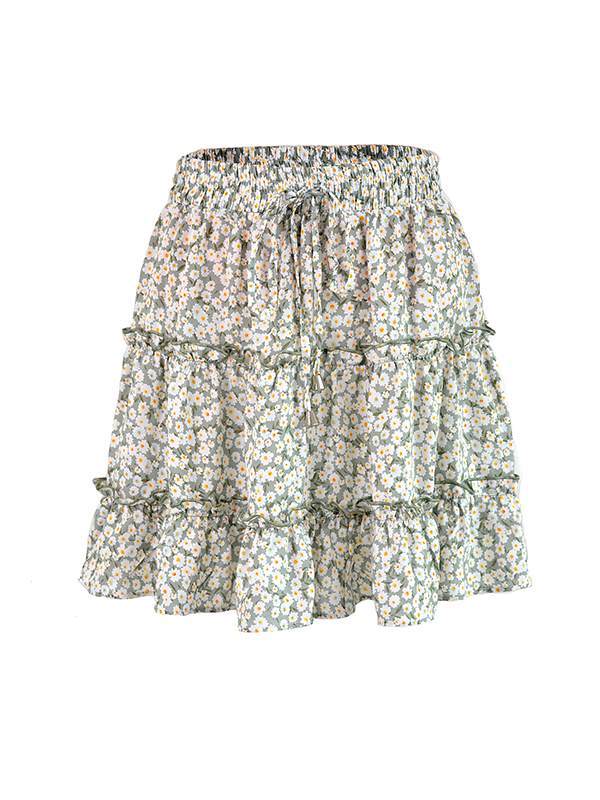 High waist flounce skirt with floral print a-line beach skirt