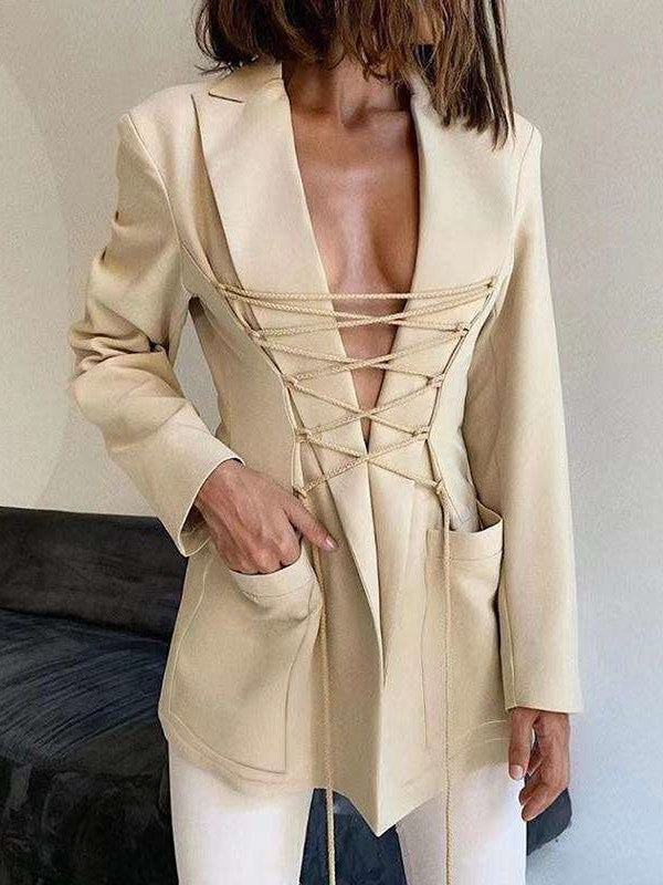 Stylish Pure Lapel Long sleeve Lacing Blazer