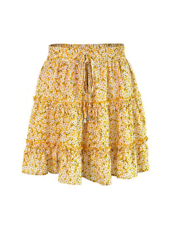 High waist flounce skirt with floral print a-line beach skirt