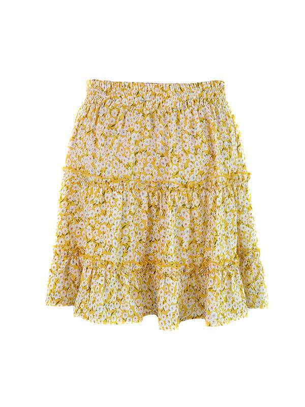 High waist flounce skirt with floral print a-line beach skirt