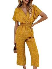 Fashion Wave Pot V Neck Short Sleeve Jumpsuits