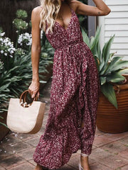 Floral Printed Strap Sleeveless V neck Women Maxi Dresses