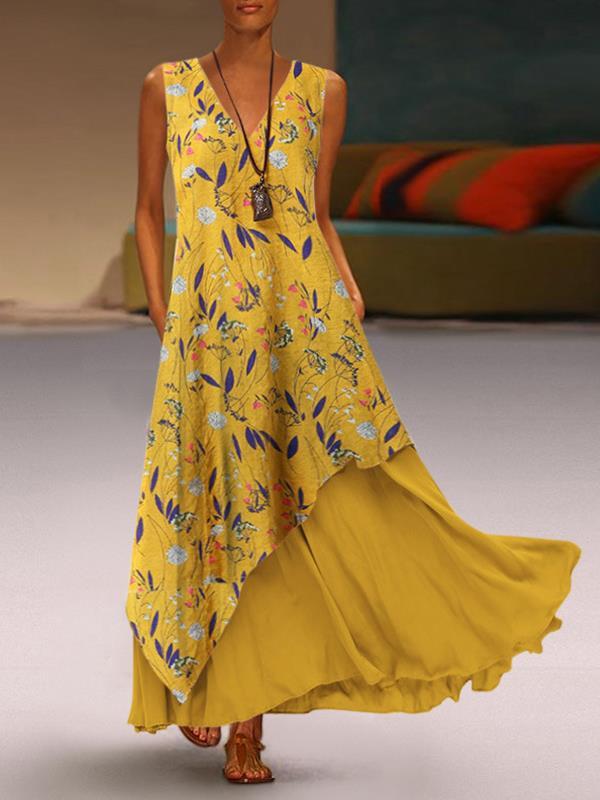 Stylish V-neck sleeveless long irregular zip maxi dresses