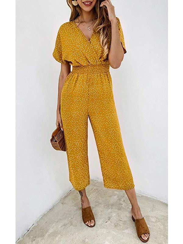 Fashion Wave Pot V Neck Short Sleeve Jumpsuits