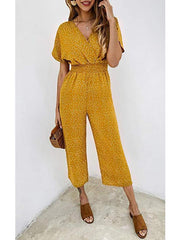 Fashion Wave Pot V Neck Short Sleeve Jumpsuits