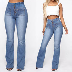 High Waist Elastic Jeans Button Washed Denim Pants Femme Pocke