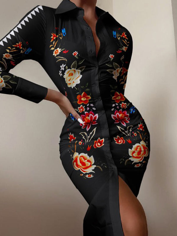 Turn down neck printed women button design shirt style bodycon dresses for working women