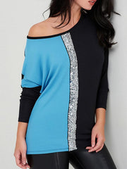 Two-color Long Sleeve Sequins Casual T-shirts