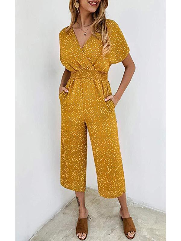 Fashion Wave Pot V Neck Short Sleeve Jumpsuits