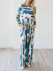 Striped Print Long Sleeve Casual Maxi Dress for Women