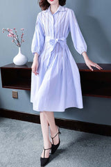 Stripe embroidered 3/4 sleeve hollow lantern sleeve A-line dress