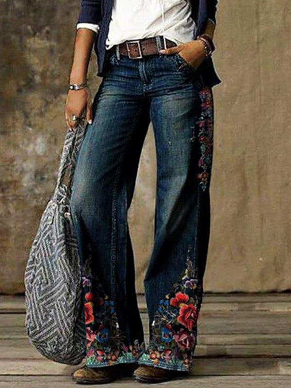 Stylish blue printed long jeans pants for women