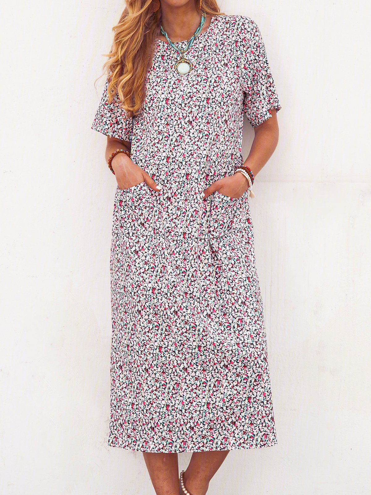 Floral Pockets Midi Dress Summer Short Sleeve Dresses