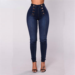 Vintage Skinny Double-Breasted High Waist Pencil Jeans Slim Fit Stretch Denim Pants Full Length Denim Tight