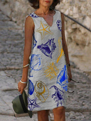 V Neck Geometric Cotton Sleeveless Dresses