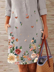 Gray Printed Floral Long Sleeve Midi Dresses