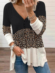 Long Sleeve Paneled Leopard Shirts & Tops