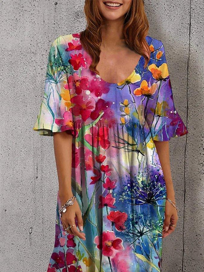 Flower Floral Short Sleeve Crew Neck Midi Dresses