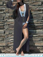 Long-sleeve lace slit see-through lace Swimwear Smock