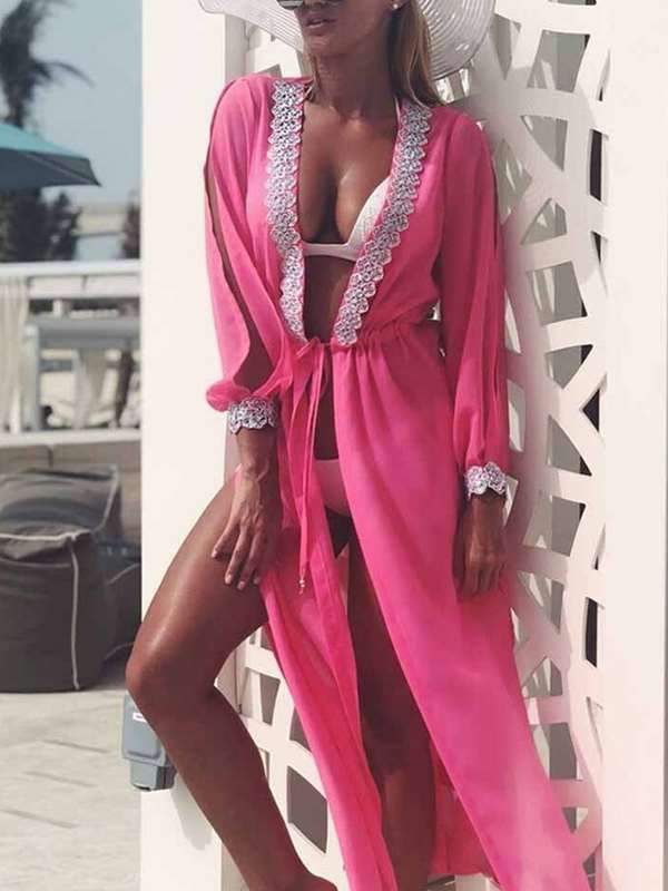 Long-sleeve lace slit see-through lace Swimwear Smock