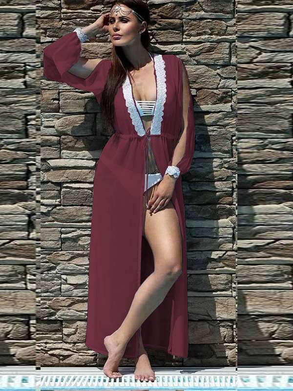 Long-sleeve lace slit see-through lace Swimwear Smock