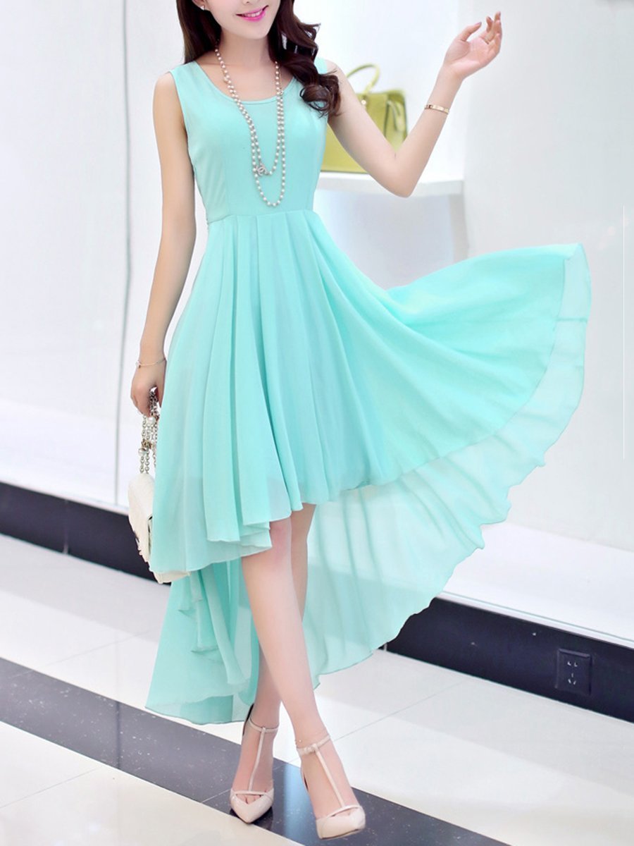 High-Low Round Neck  Bowknot  Plain  Chiffon Maxi Dress