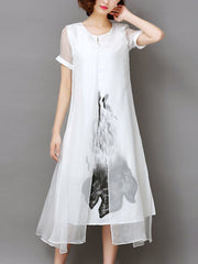 Summer Asymmetric Hem Hollow Out Printed Shift Dress