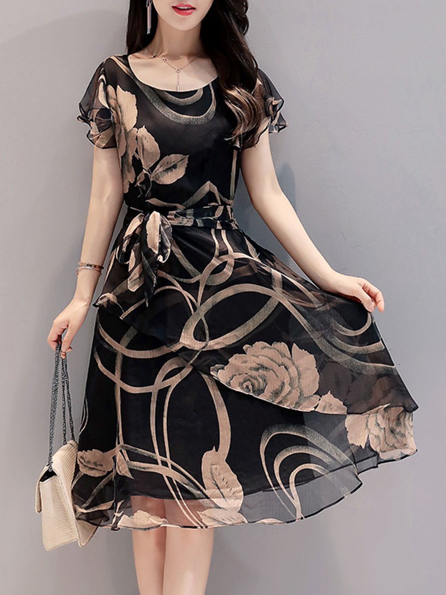 Summer Round Neck Printed Chiffon Skater Dress