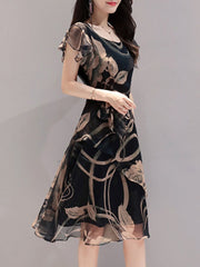 Summer Round Neck Printed Chiffon Skater Dress