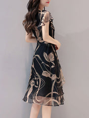 Summer Round Neck Printed Chiffon Skater Dress