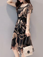 Summer Round Neck Printed Chiffon Skater Dress