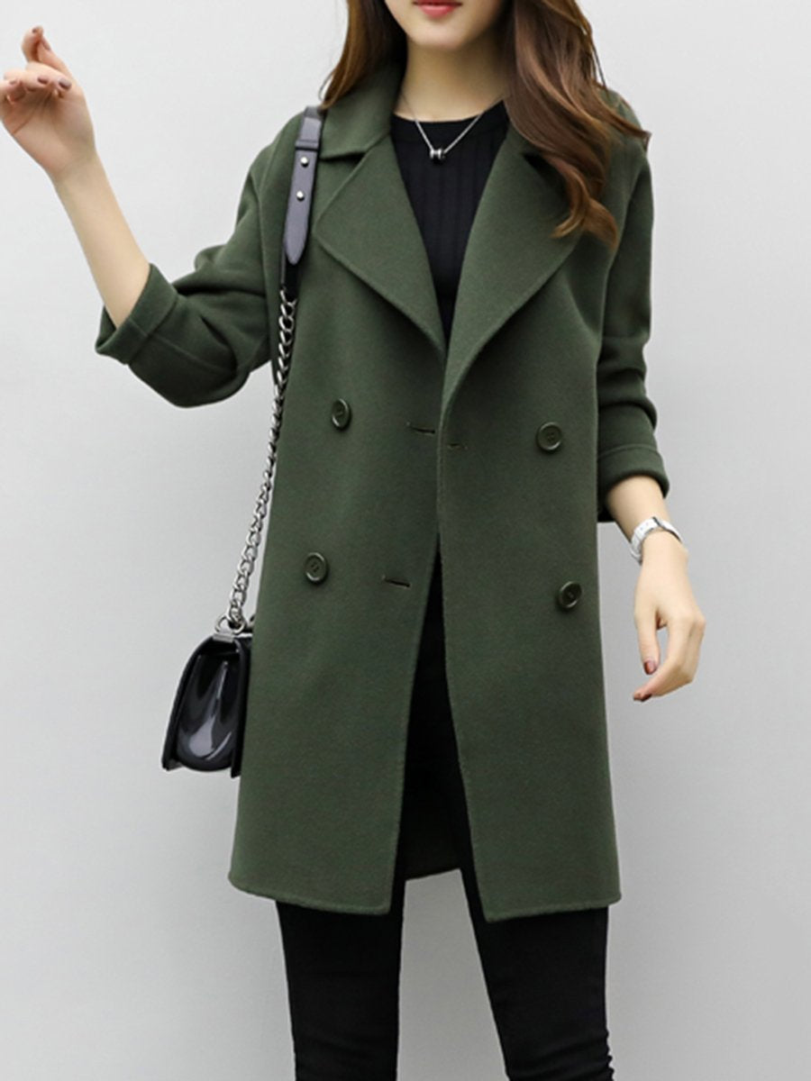 Lapel Double Breasted Plain Woolen Coat