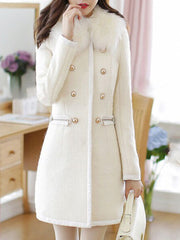 Faux Fur Collar Decorative Button Plain Woolen Coat