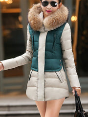 Hooded Color Block Quilted Zips Pocket Padded Coat