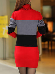 Turtleneck Color Block Knitted Mini Bodycon Dress