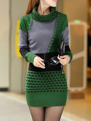 Turtleneck Color Block Knitted Mini Bodycon Dress