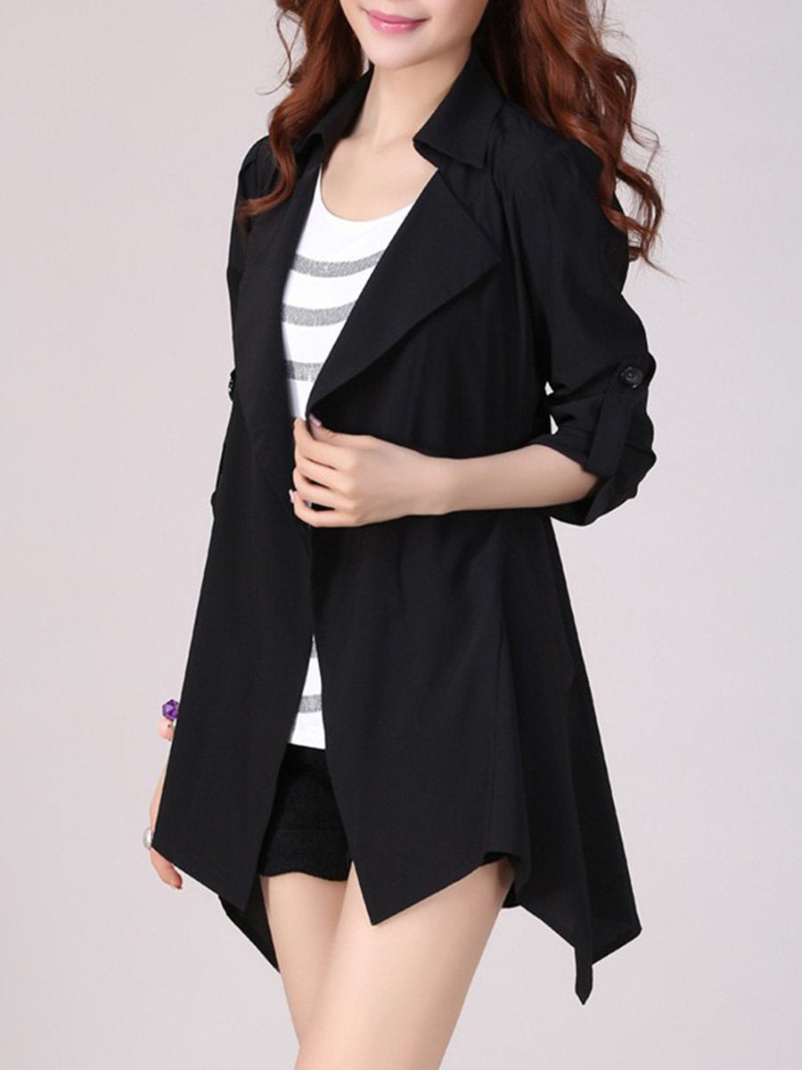 Lapel Plain Roll-Up Sleeve Trench Coat