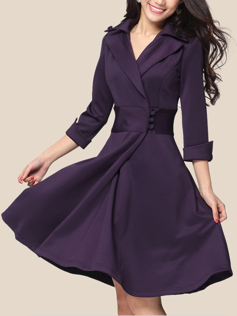 Lapel Plain Office Skater Dress