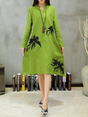 Green Stand Collar Floral Casual Dress