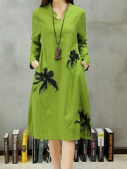 Green Stand Collar Floral Casual Dress