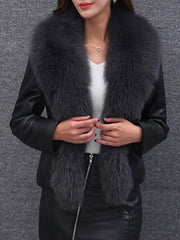 Faux Fur Collar Elastic Waist Plain PU Leather Jacket