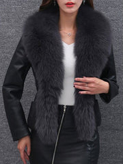 Faux Fur Collar Elastic Waist Plain PU Leather Jacket