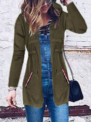 Hooded Striped Patch Pocket Drawstring Trench Coat