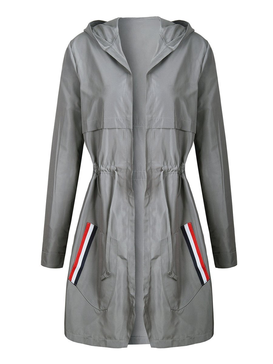 Hooded Striped Patch Pocket Drawstring Trench Coat