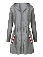 Hooded Striped Patch Pocket Drawstring Trench Coat