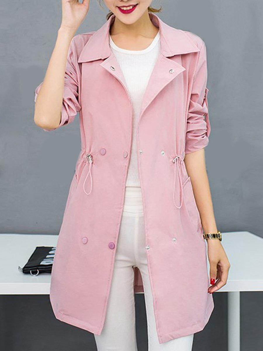 Lapel Double Breasted Drawstring Plain Roll-Up Sleeve Trench Coat