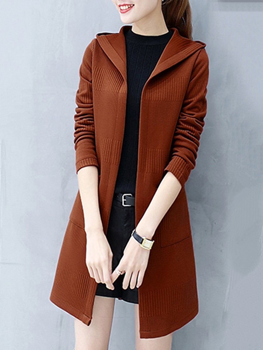 Hooded  Plain  Long Sleeve Trench Coats