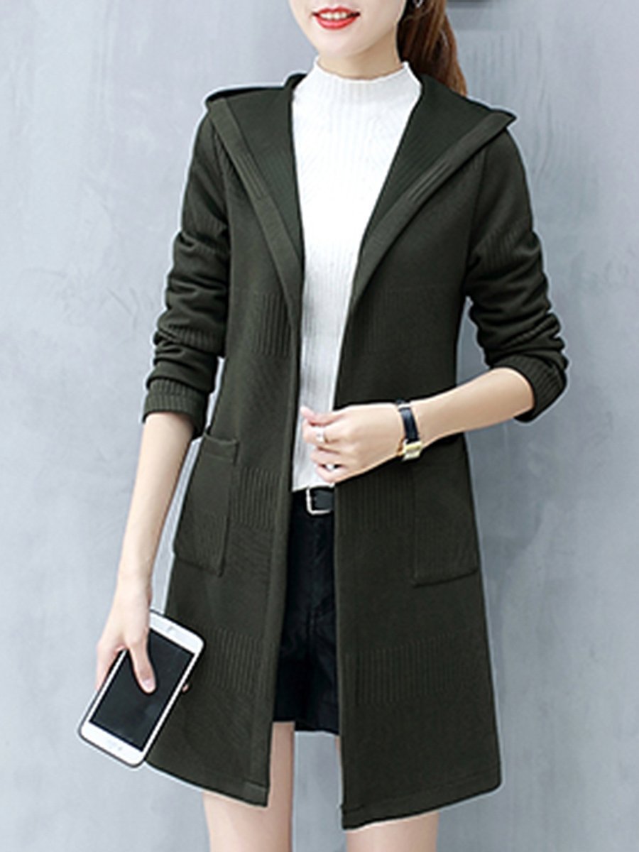 Hooded  Plain  Long Sleeve Trench Coats