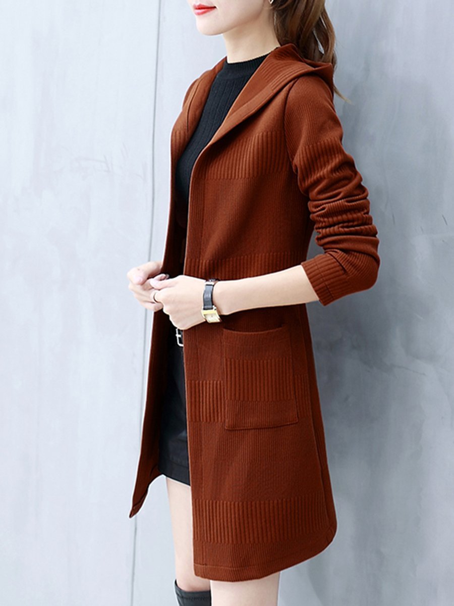 Hooded  Plain  Long Sleeve Trench Coats