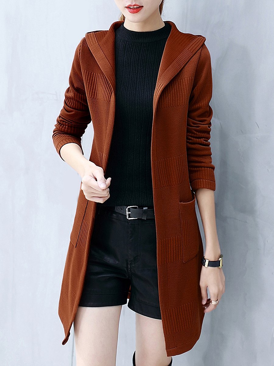 Hooded  Plain  Long Sleeve Trench Coats